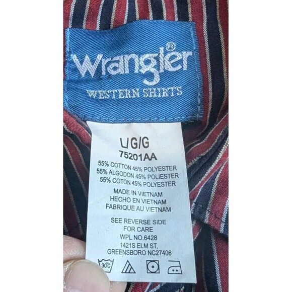 Vintage Wrangler Pearl Snap Long Sleeves Men's Size Large Red Blue Striped - Picture 2 of 7